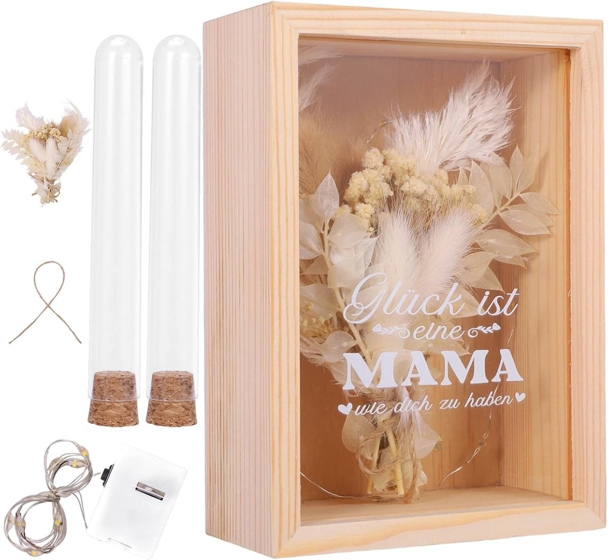 Houten geschenkdoos voor bruidegom met gedroogde bloemen, decoratieve slang en led-lichtketting voor bruiloft, jubileum en verloving