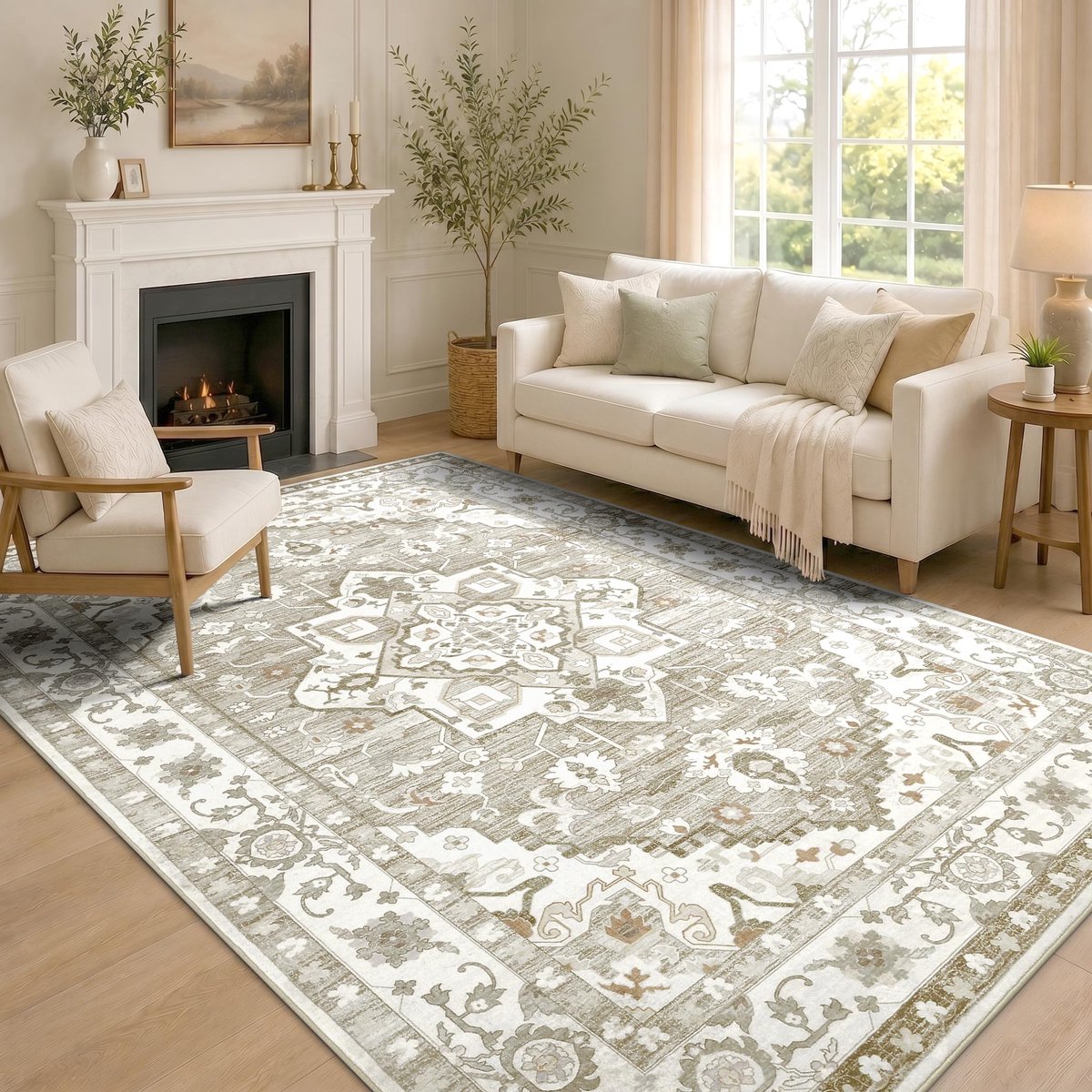 Vintage tapijten woonkamer wasbaar antislip groot tapijt laagpolig boho loungetapijt voor slaapkamer, kinderkamer keuken - 140 x 200 cm, accentbeige