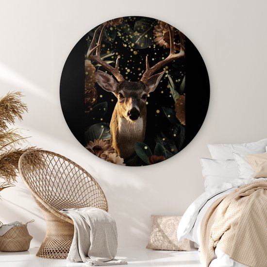 WallCircle - Wall Circle - Wall Circle Indoor - Cerf - Animaux - Lumière - Fleurs - 140x140 cm - Décoration murale - Peintures Ronds
