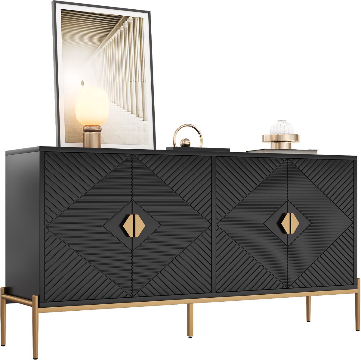 Zubaliya Sideboard - 162x40x80 cm zwart/goud - geometrisch patroon & metalen poten - 4 deuren