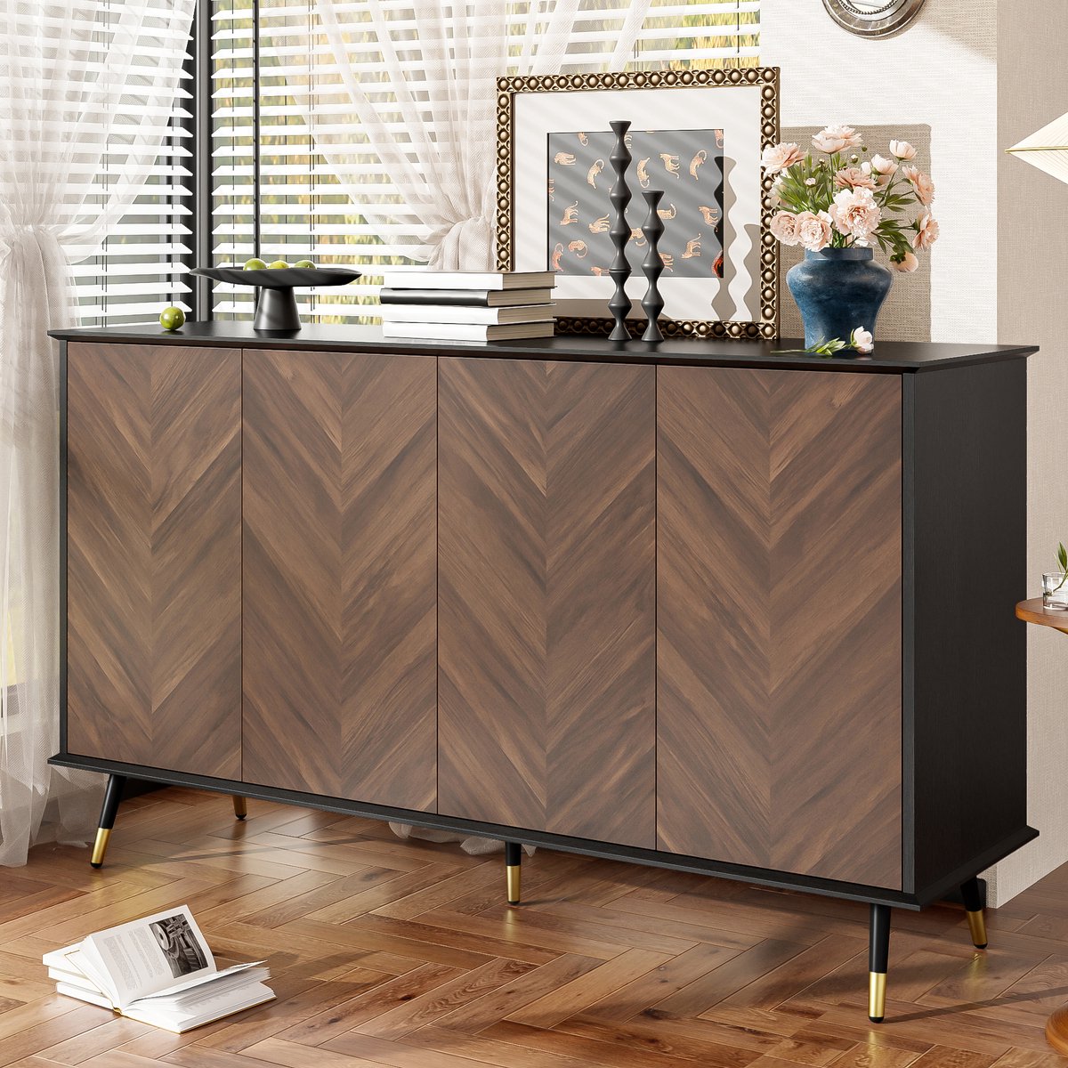 Sideboard met visgraatpatroon - Zwart - 4 deuren, verstelbare planken, softclose scharnieren - MDF met metalen poten - Geschikt voor woonkamer, eetkamer en hal