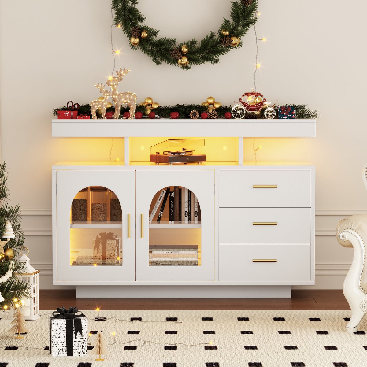 Zubaliya Sideboard - 120x40x80 cm wit - LED 16 kleuren & app - hoogglans & acryl deur - 3 laden & open vakken