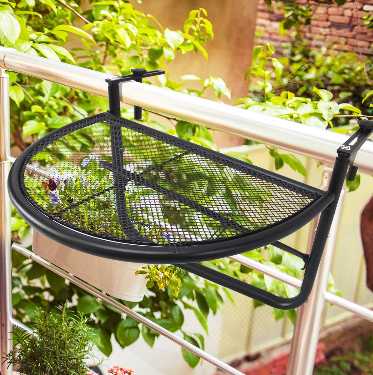 MEUNIQ Balkontafel halfrond 60 x 45 x 50 cm hoogteverstelbaar hangtafeltje voor balkonrail met metalen frame en rooster tafelblad voor balkon en terras zwart
