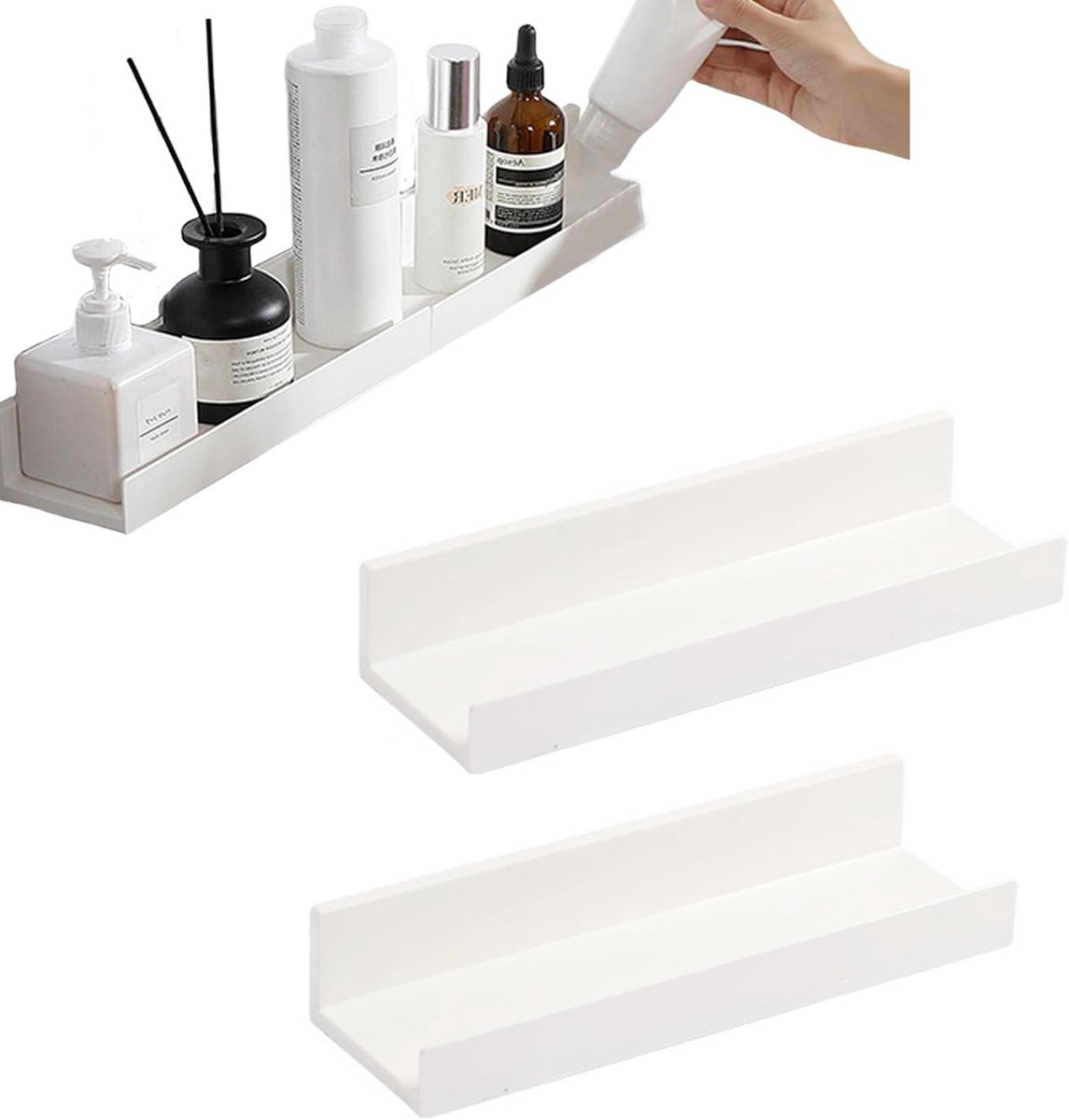 2 stuks wandplank wit, Wandgemonteerde zelfklevende badkamerrekken, Opbergrekken zonder boren voor keuken, badkamer, woonkamer, slaapkamer, kantoor