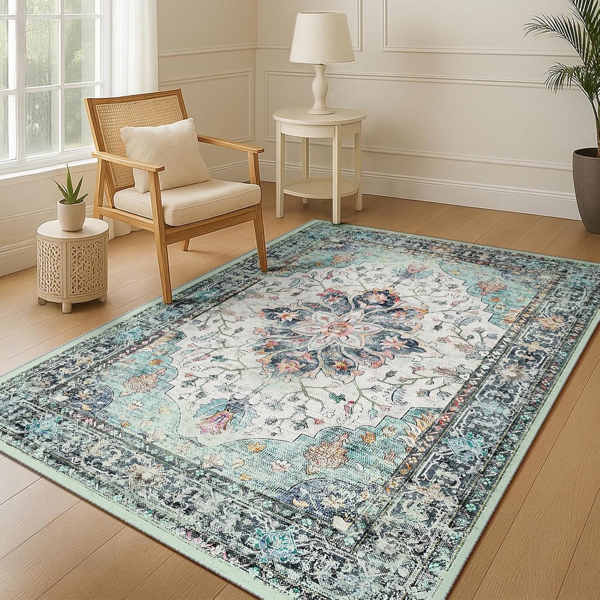 Machinewasbare Tapijten 120x180 cm Vintage Boho Vloerkleed Laagpolig Antislip Tapijt met Print Patroon voor Woonkamer Slaapkamer Huiskontoor Binnenhuis Turkooisgroen/Blauw/Rood
