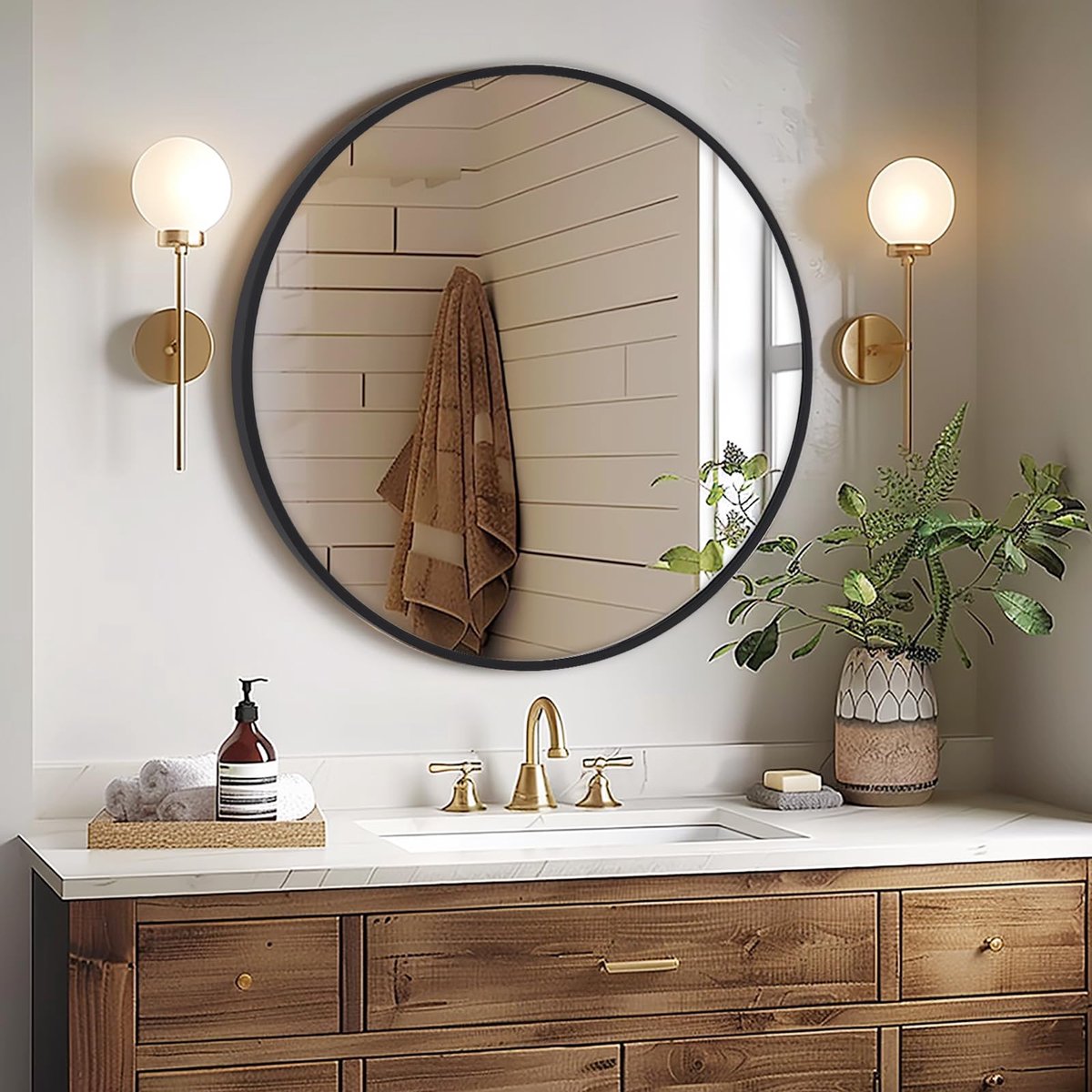 Spiegel 76cm Zwarte Cirkel Opknoping Spiegel Thuis Decoratieve Wandmontage Vanity Spiegel voor Badkamer Woonkamer Hal
