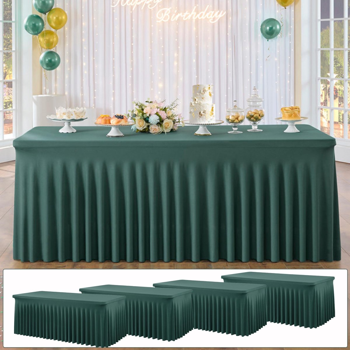 Rechthoekig tafelkleed van elastaan, jachtgroen, 1,8 m met rok, kreukvrij rekbaar tafelkleed voor rechthoekige tafel van 1,8 m, elastische ruches voor banket, feest
