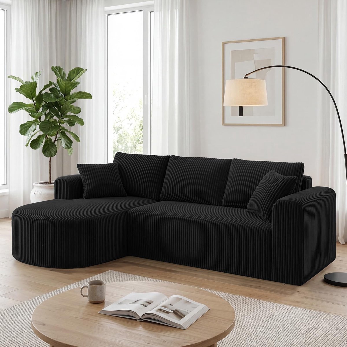 COMHOMA - Hoekbank 243 cm - Corduroy L-vorm met Slaapfunctie - Zwart