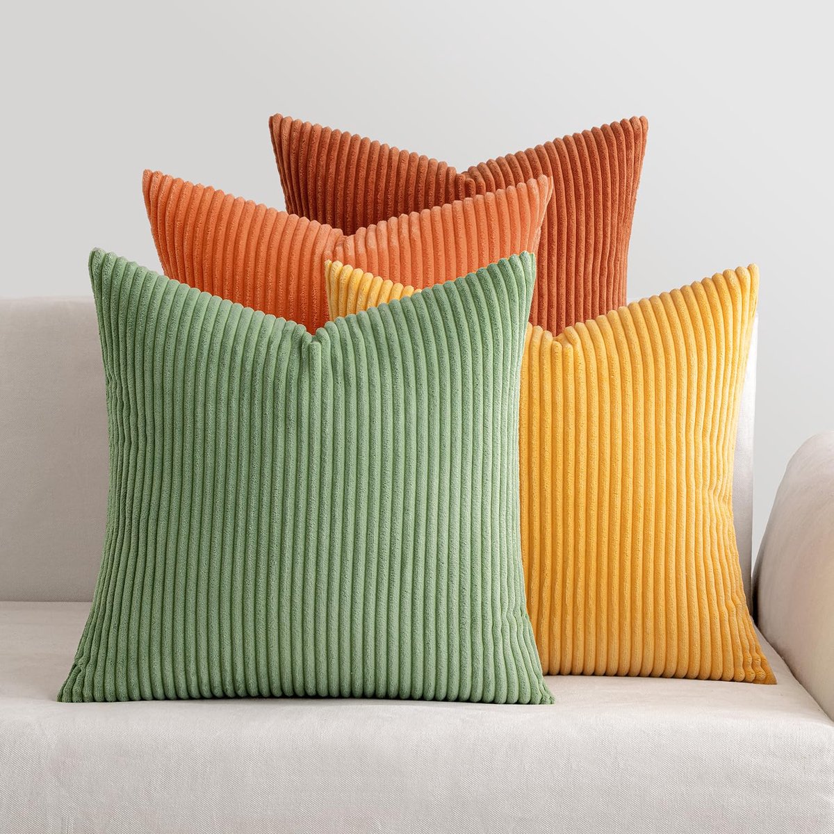 Set van 4 corduroy kussenhoezen, zachte decoratieve vierkante kussenhoezen voor de lente, gestreepte corduroy kussenhoezen, set van vier voor woondecoratie, bank 50 cm x 50 cm, 20 x 20 inch