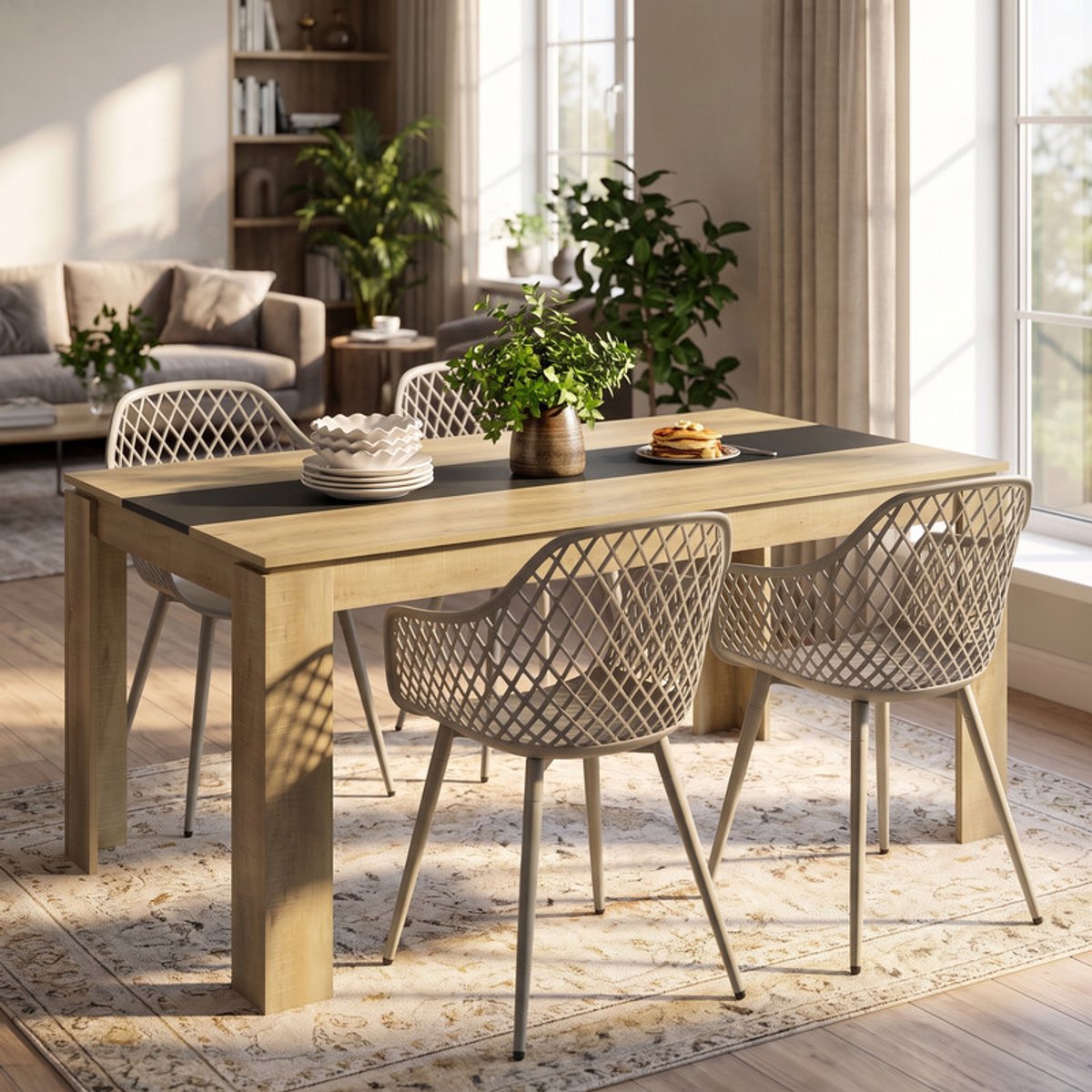 EGGREE 4-delige eetkamerset - tafel- en stoelenset voor 4 personen - inclusief stoelen met armleuningen - geschikt voor keuken - eetkamer of woonkamer (tafel van 160 x 80 x 75 cm + 6 Grijze eetkamerstoelen)