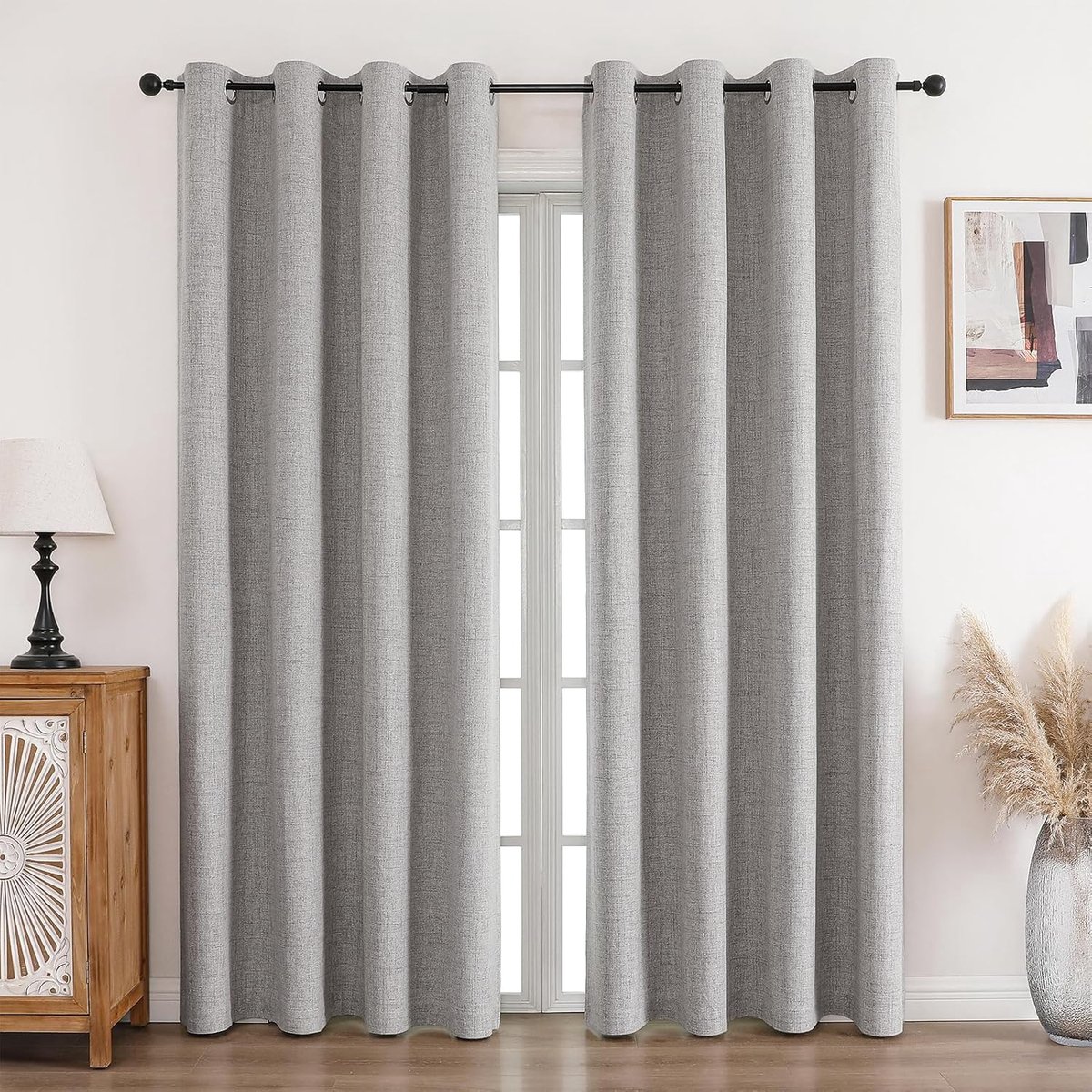 Gordijnen, 100% ondoorzichtig, linnen, met ringen, verduisteringsgordijnen, grijs-wit, 229 x 229 cm (h x b), set van 2, thermogordijn, koudebescherming, geluidsisolatie, gordijn voor woonkamer