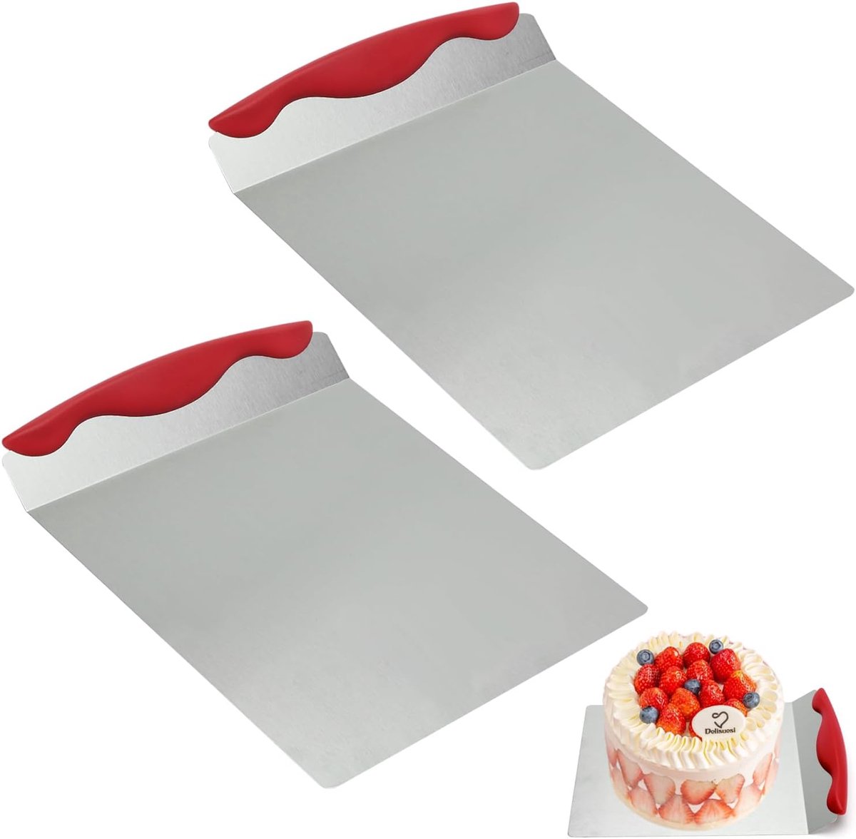 Taartschep, keukenschep, 2 stuks, roestvrij staal, taartredder met handvat, taartaccessoires voor cake, pizza, ideaal als taartonderlegger en pizzaschep (rood)