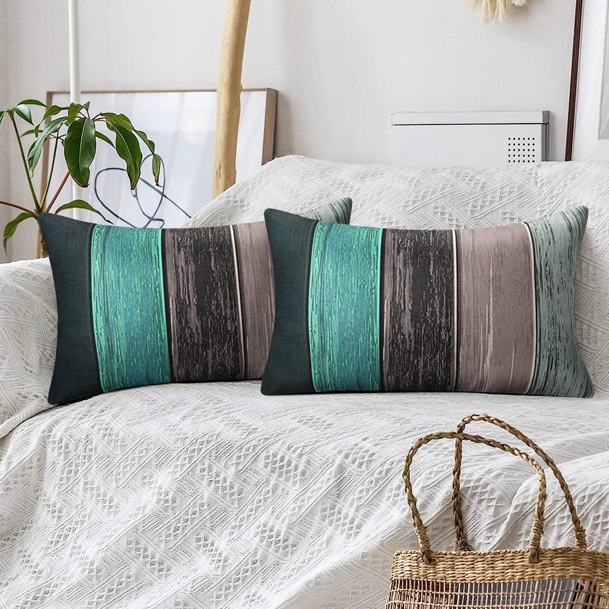 kussenhoezen in turquoise, modern, sofa, 30 x 50 cm, linnen, decoratief, rechthoekig, hout, vierkant, gestreept, retro, voor bank, bed, auto, woonkamer, 2 stuks