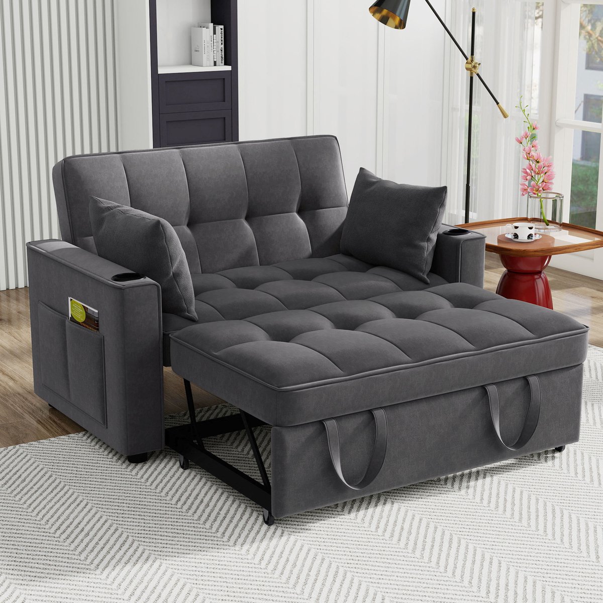 DESMIU Slaapbank 137 x 76,5 x 83 cm - 3-in-1 Met Slaapfunctie, 3 Standen, Bekerhouders En 2 Kussens - Voor Woonkamer En Appartement - Velvet Grijs