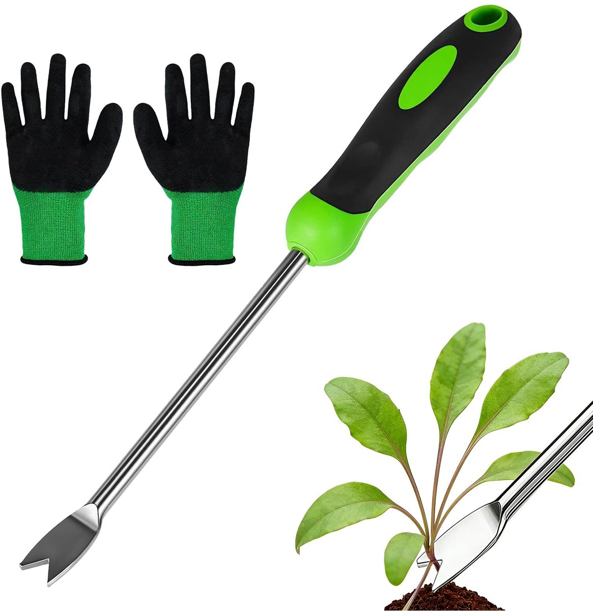 Onkruidsteker met 1 handschoen, dubbele vork, handonkruidsteker design