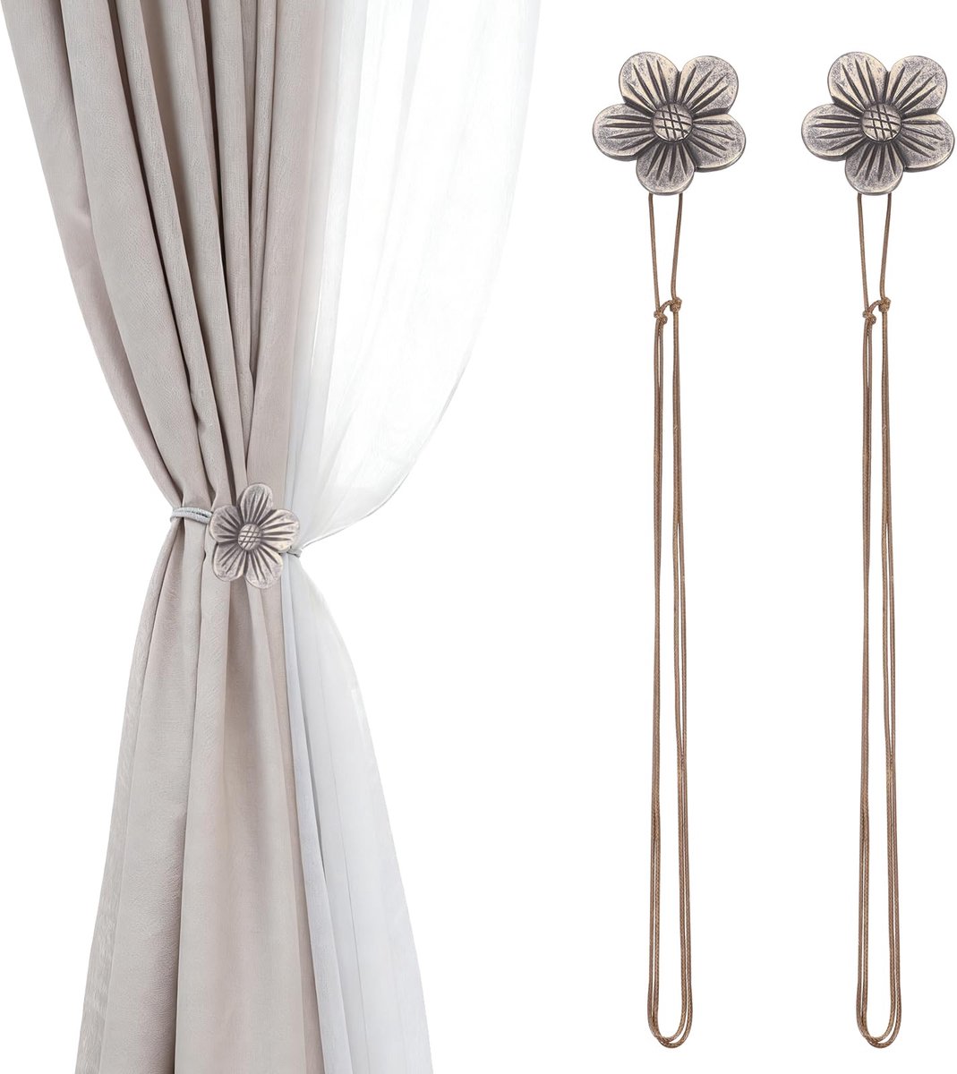 Gordijnbinders, 2 stuks hars bloem gordijn terughoudendes, vintage gordijn terughoudendheid touw, magnetisch raamgordijn decoratief voor thuis, café, kantoor, bruin