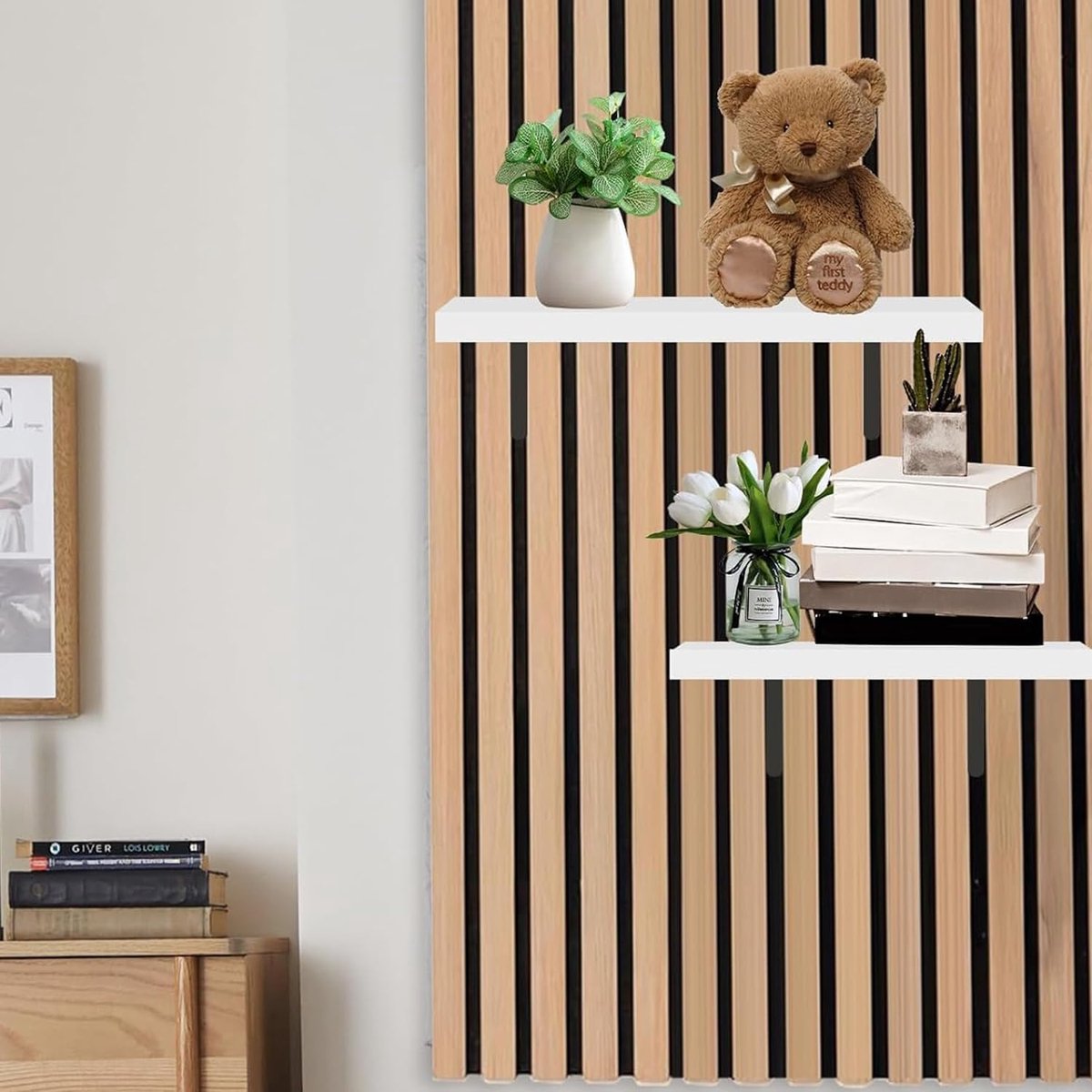 Wandorganizer voor akoestische panelen, metalen zwevende wandplanken, zelfmontage plank voor keuken en kantoor, montage zonder boren, wit, 25 x 10 cm