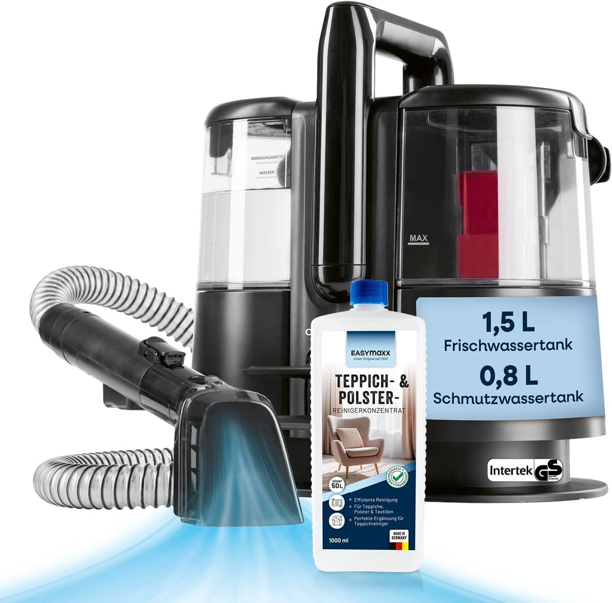 CLEANmaxx tapijtreiniger & meubelreiniger Pro | Vlekverwijderaar & EASYmaxx tapijtreinigingsmiddel | Waterzuiger & reinigingsmiddel voor waszuigers voor banken, auto’s, tapijten, bekleding enz. | Vlekverwijderaar voor dierenvlekken