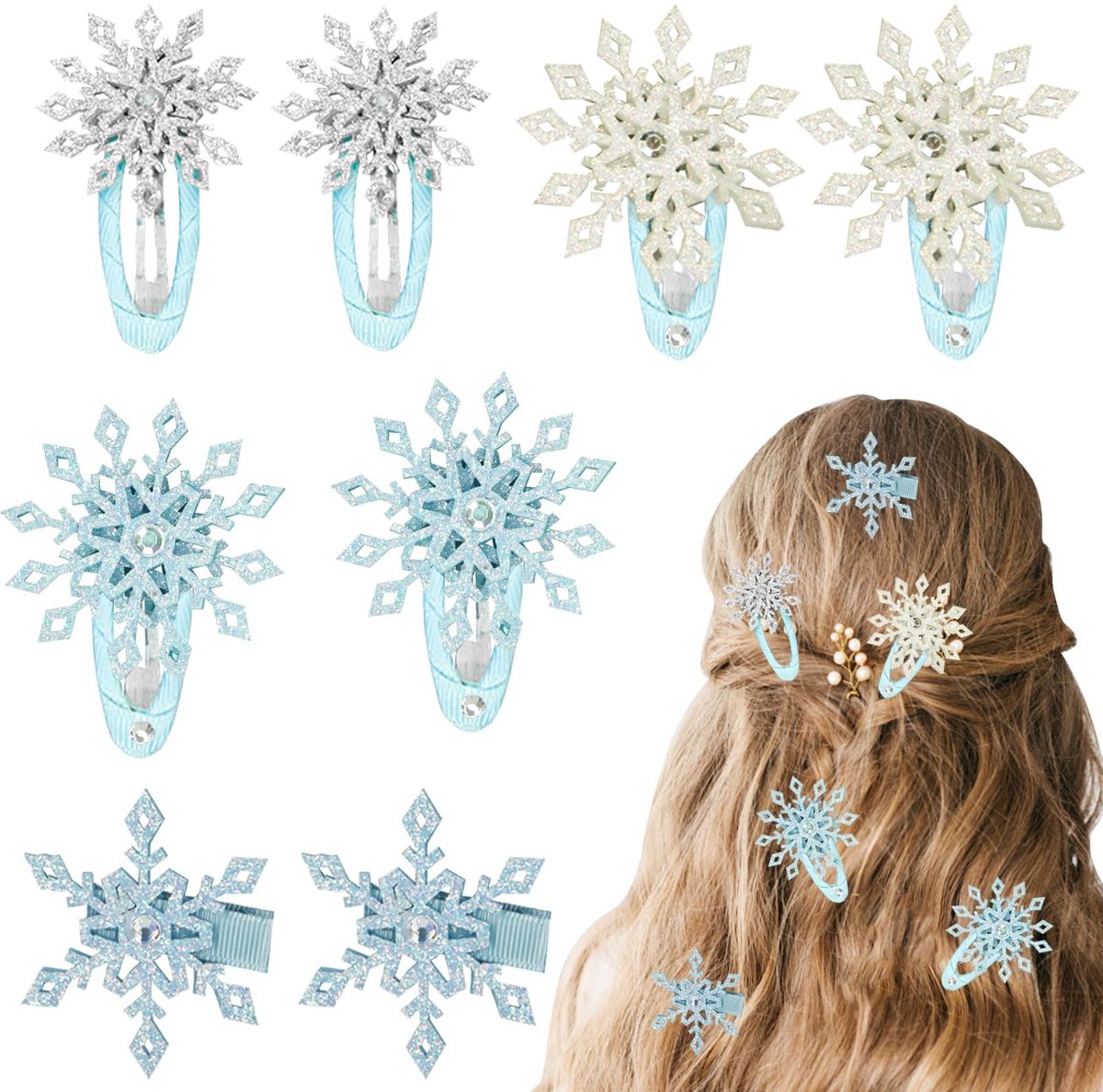 Dailygoods- Haarclips Sneeuwvlok - 8 Stuks - Krokodillenhaarclips - Haaraccessoires Winter - Glanzende Steentjes - Stevig en Betrouwbaar