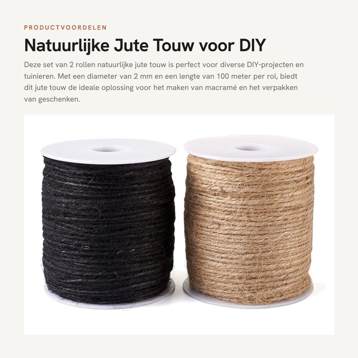 Dailygoods- Jute Touw 2 Rollen 100m - 3-laags Henneptouw - DIY Macrame Crafting - Aardse Kleuren - Sterk en Veilig