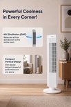 Witte staande ventilator van Kumtel, 71 cm hoog, met gedetailleerde uitleg over oscillatie en compact verticaal ontwerp.