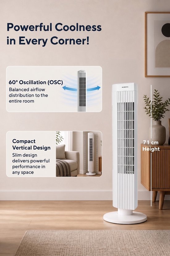 Witte staande ventilator van Kumtel, 71 cm hoog, met gedetailleerde uitleg over oscillatie en compact verticaal ontwerp.