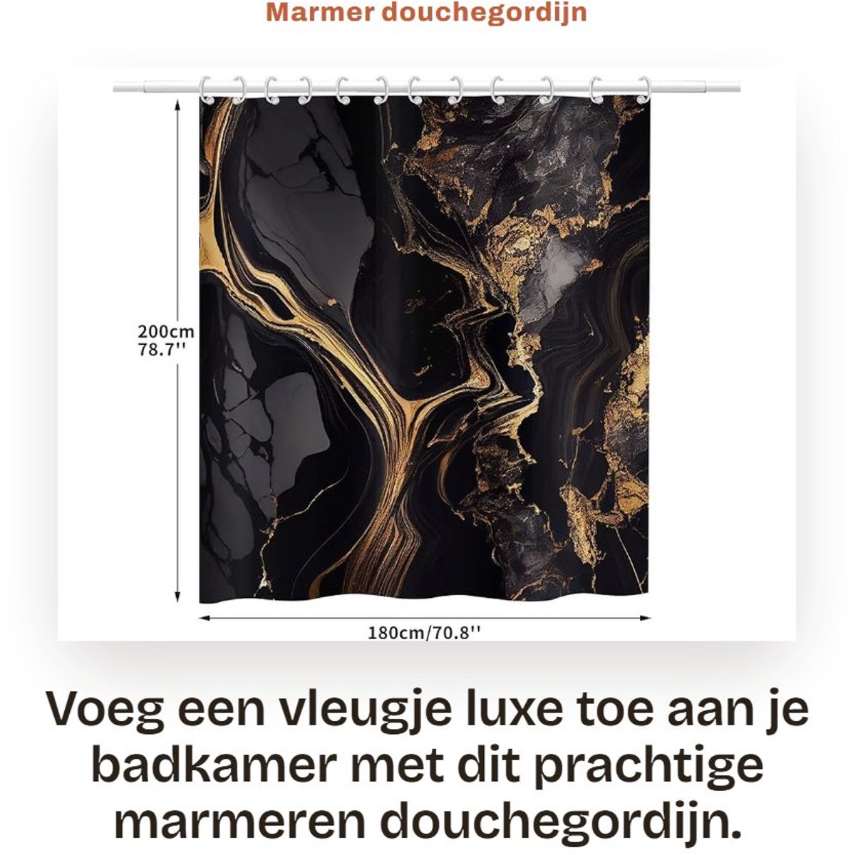 Dailygoods- Douchegordijn Waterdicht - 180x200 cm - Polyester - Modern Abstract Zwart/Goud - Wasbaar - Inclusief 12 Haken - Badkamergordijn