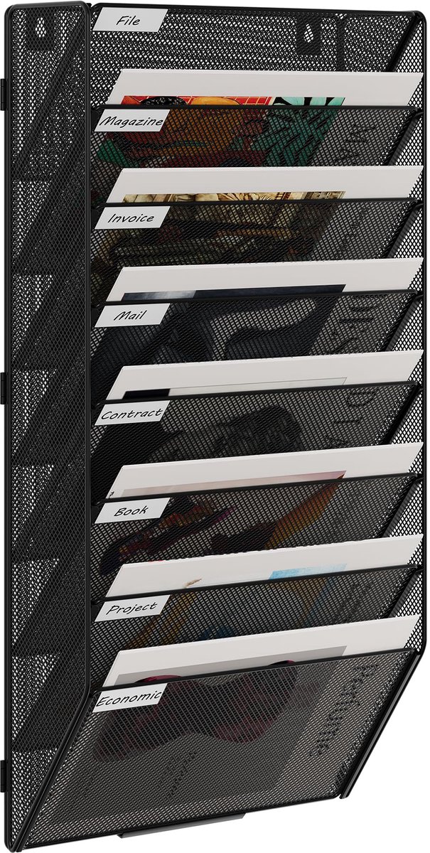 8-laags A4 Mesh in Tray Assemble Muur Zak Bestand Houder Hangende Mail Organisator Tijdschriftopslagrek, Zwart