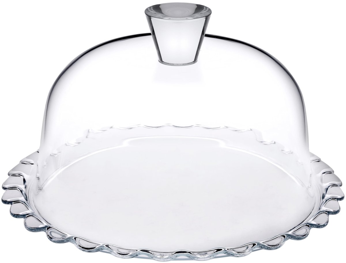 Taartstandaard van transparant glas met glazen bel