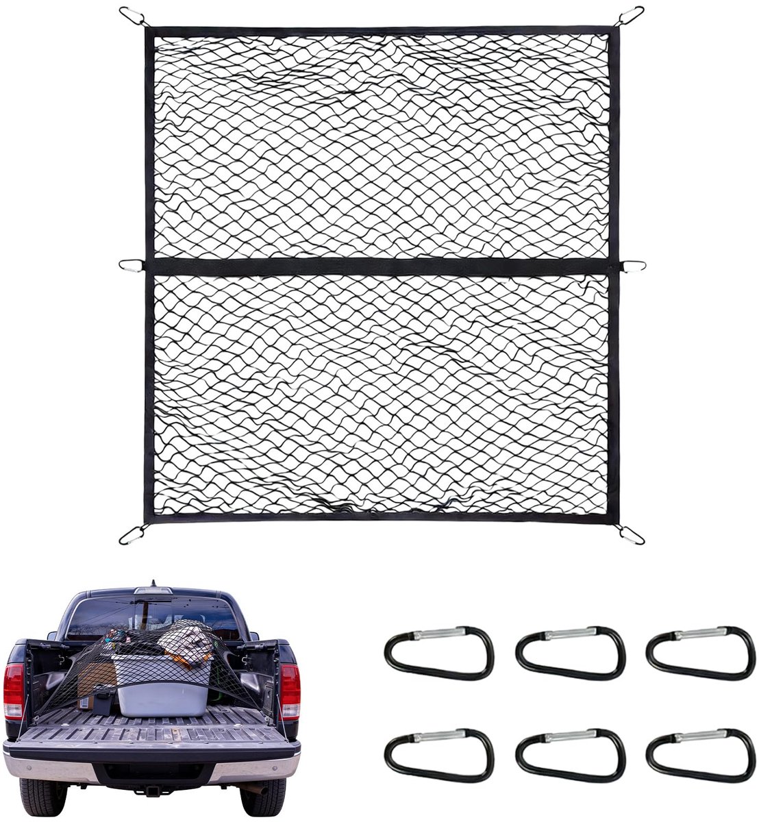 Bagagenet, 120 x 120 cm, kofferbaknet, uitgebreid, groot spannet met haken, rekbaar tot 2,1 m x 2,1 m, scheidingsnet, bagagefixatie voor pick-uptrucks, vrachtwagens, vrachtwagens