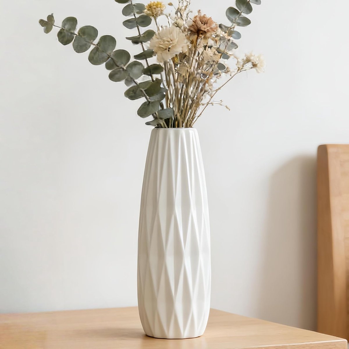 keramiekvaas, witte bloemenvaas, 30 cm hoog Moderne gestructureerde vazen voor boerderij, kast, tafelstukken, huizendecoratie, woonkamerdecoratie Grote patroonvaas voor pampasgras