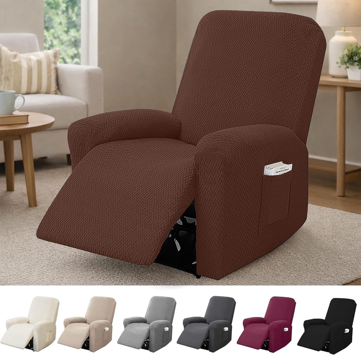 Fauteuilhoes, Elastische Stoelhoezen Met Zakken, Complete Gestreepte Jacquard Beschermhoes Voor Tv Fauteuil En Relax Fauteuil (Donkerbruin, 4-Delig)