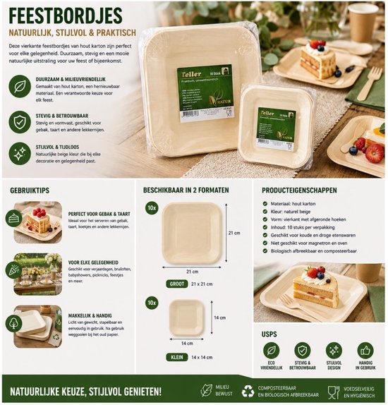 Drie beige, vierkante bordjes van houtvezel: twee met eten, één met verpakking.