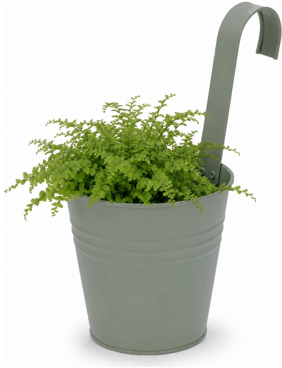 Progarden Bloempotje met haak - plantenbak zink met ophanghaak - groen - 20 x 13 x 26 cm - ophangbaar - Balkon/schutting plantenpot