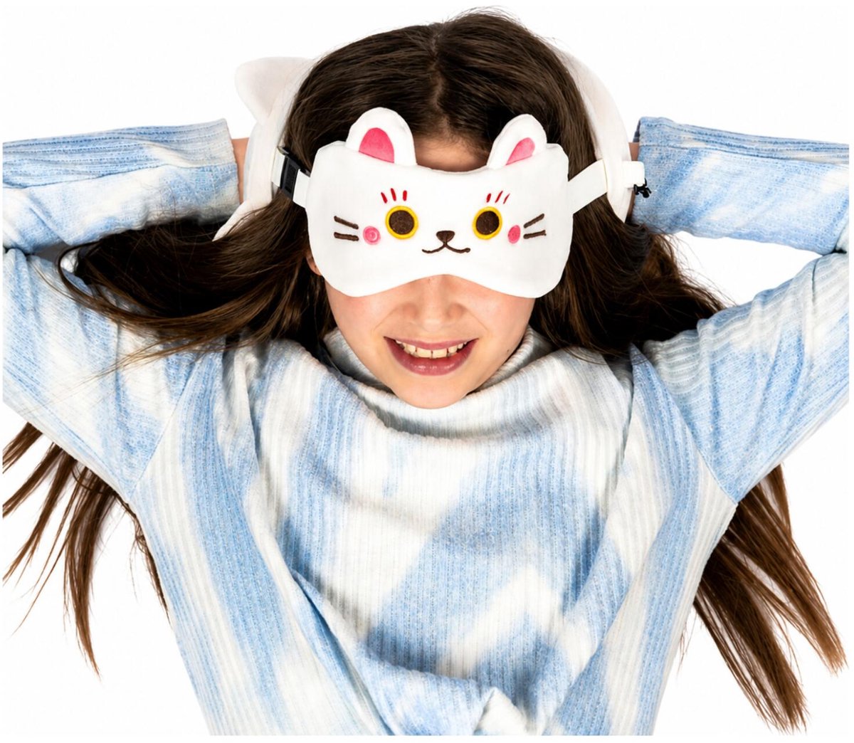 Bol.com Relaxeazzz Relaxeazzz Reis set - Kat/Poes knuffel / reiskussen / slaapmasker - voor kinderen - in vliegtuig of auto aanbieding