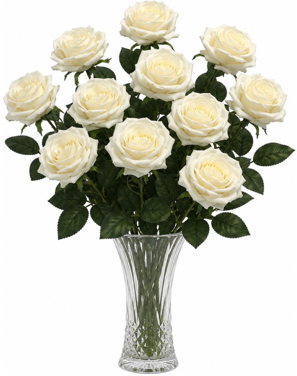 Bellatio Design Kunstbloem Roos Dijon - 12x - 64 cm - creme wit - zijde kunstbloemen - Boeket - stelen - rozen