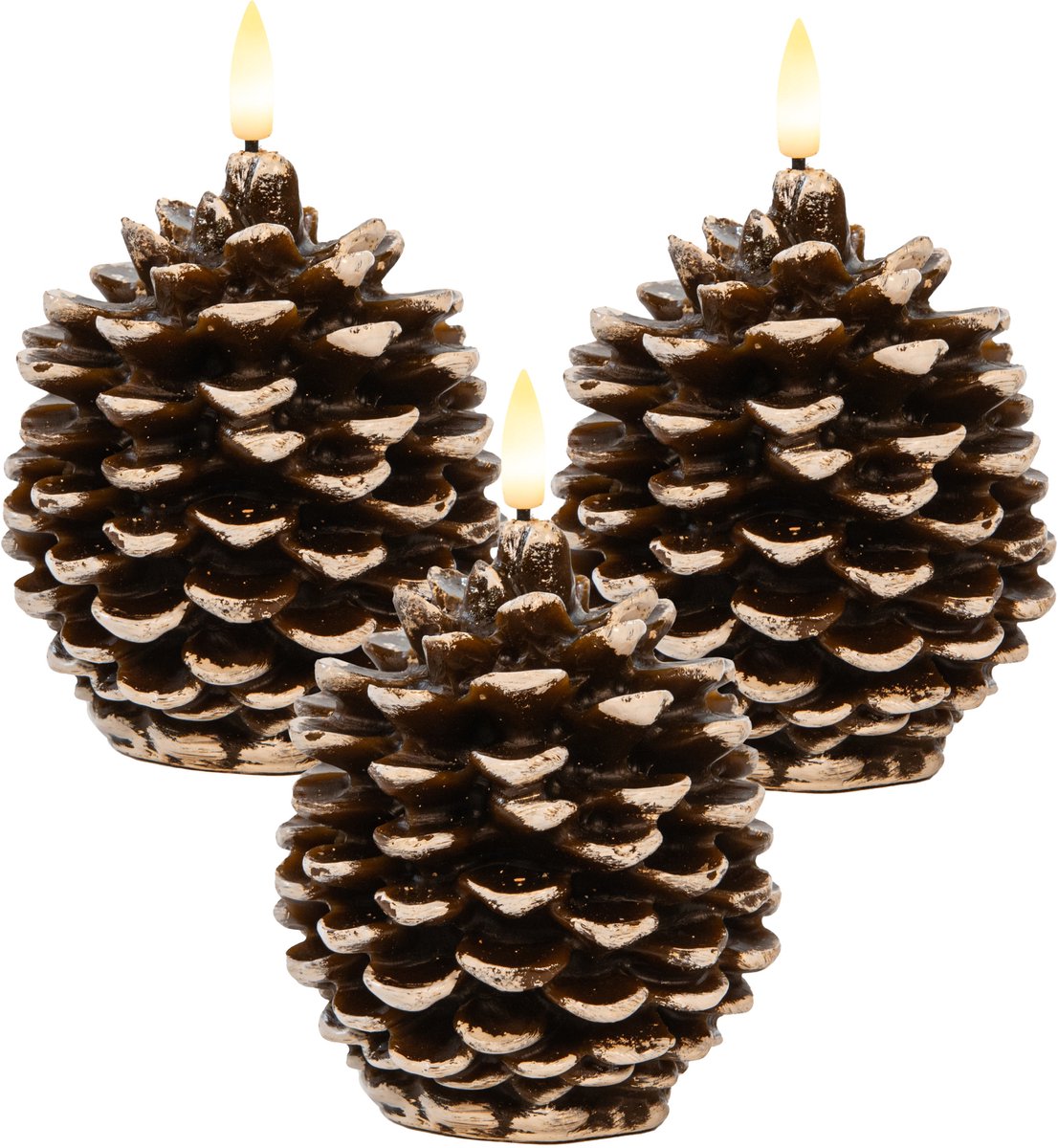 Anna's Collection LED dennenappel kaars - 3x - bruin - 10 x 8.5 cm - met timer