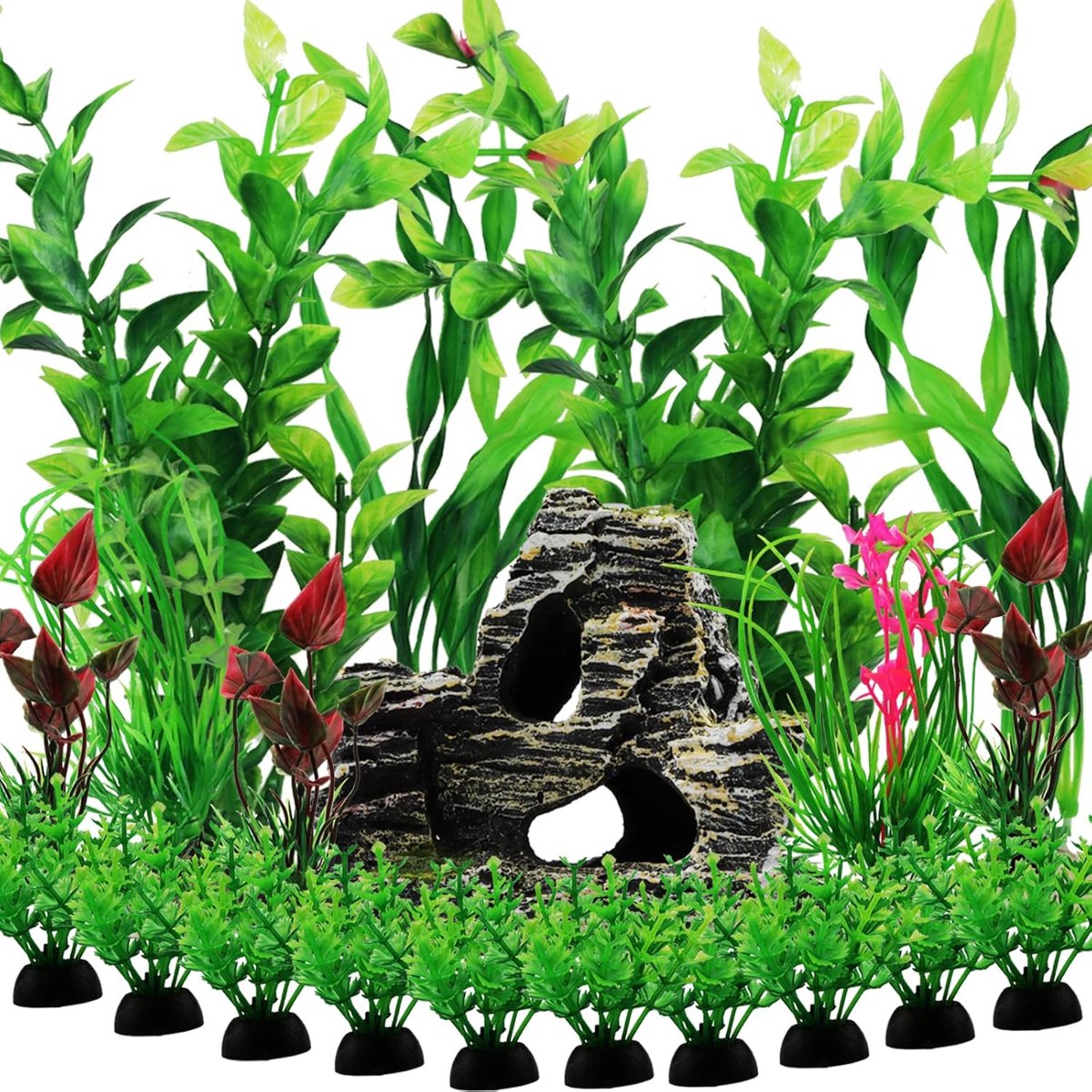 Aquarium accessoires aquariumdecoraties planten, 20 stuks groene aquarium decoraties plastic planten en grot rotsdecoratie decoratieset voor aquariumdecoratie, planten