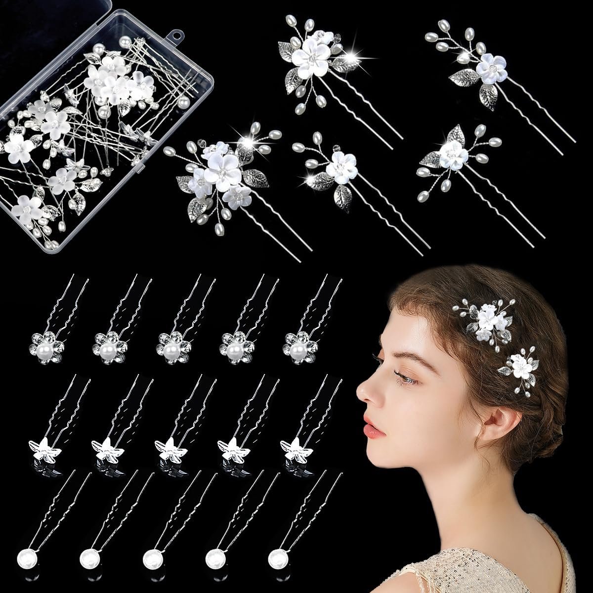 20 stuks haaraccessoires bruiloftsset, bruid bruiloft haarspelden, bloemen parels bruiloft haaraccessoires, U-vormige strass haarspelden, bruidskralen, haarspelden, voor bruiloft en