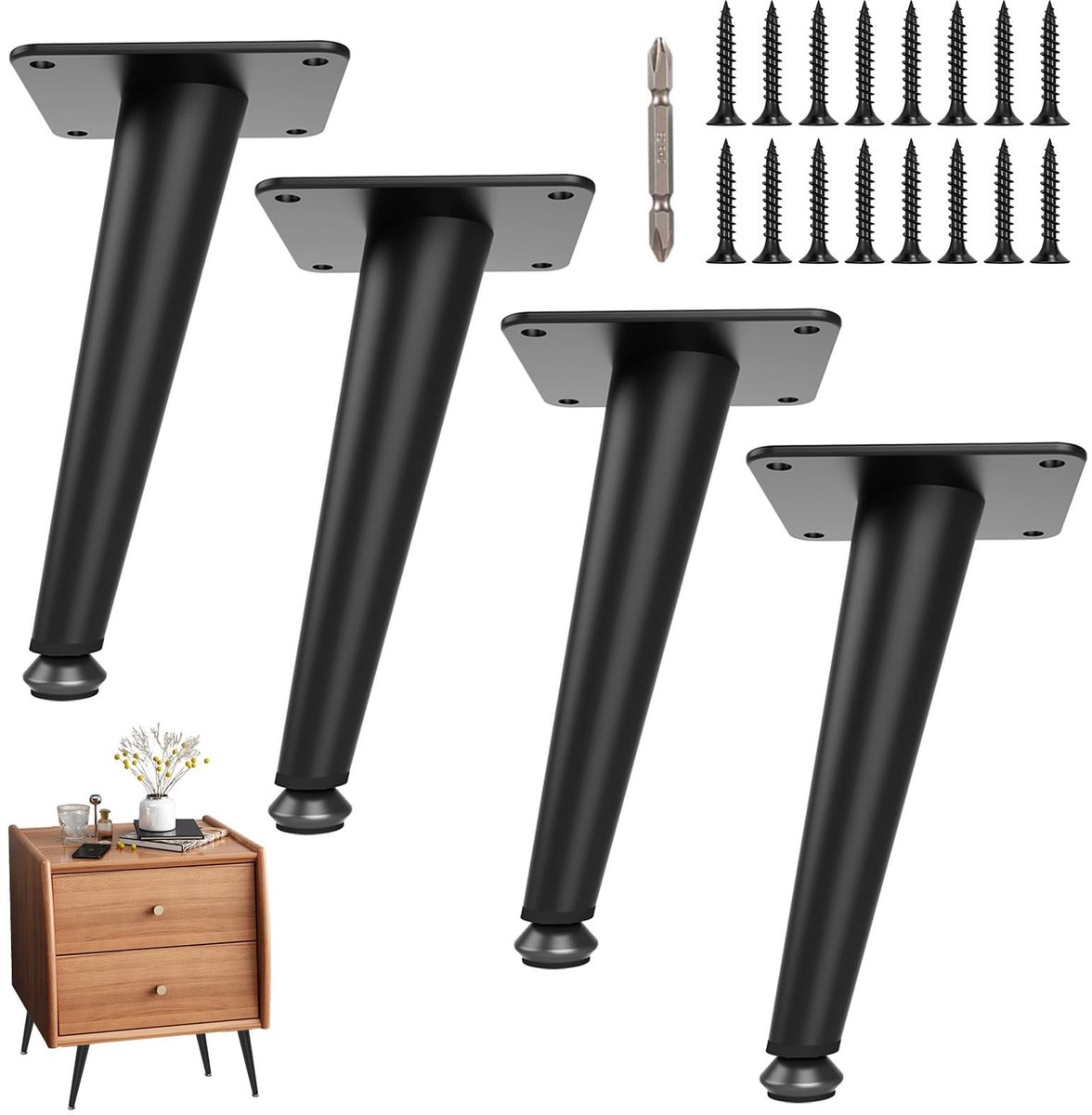 Dailygoods- Meubelpoten 15 cm - Set van 4 - Zwarte Metalen Tafelpoten - Verstelbare Kastpoten - Schuin Toelopend - Duurzaam en Stabiel