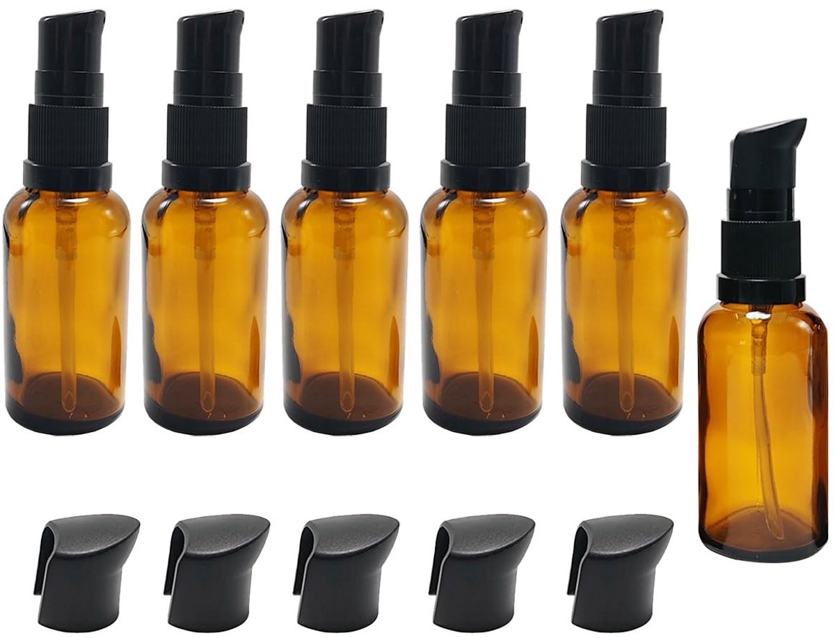 Dailygoods- Pompflessen 30ml - 6x Amber Glas - Hervulbaar - Lekvrij - Draagbaar - Zwarte Pomptop - Cosmetische Flessen
