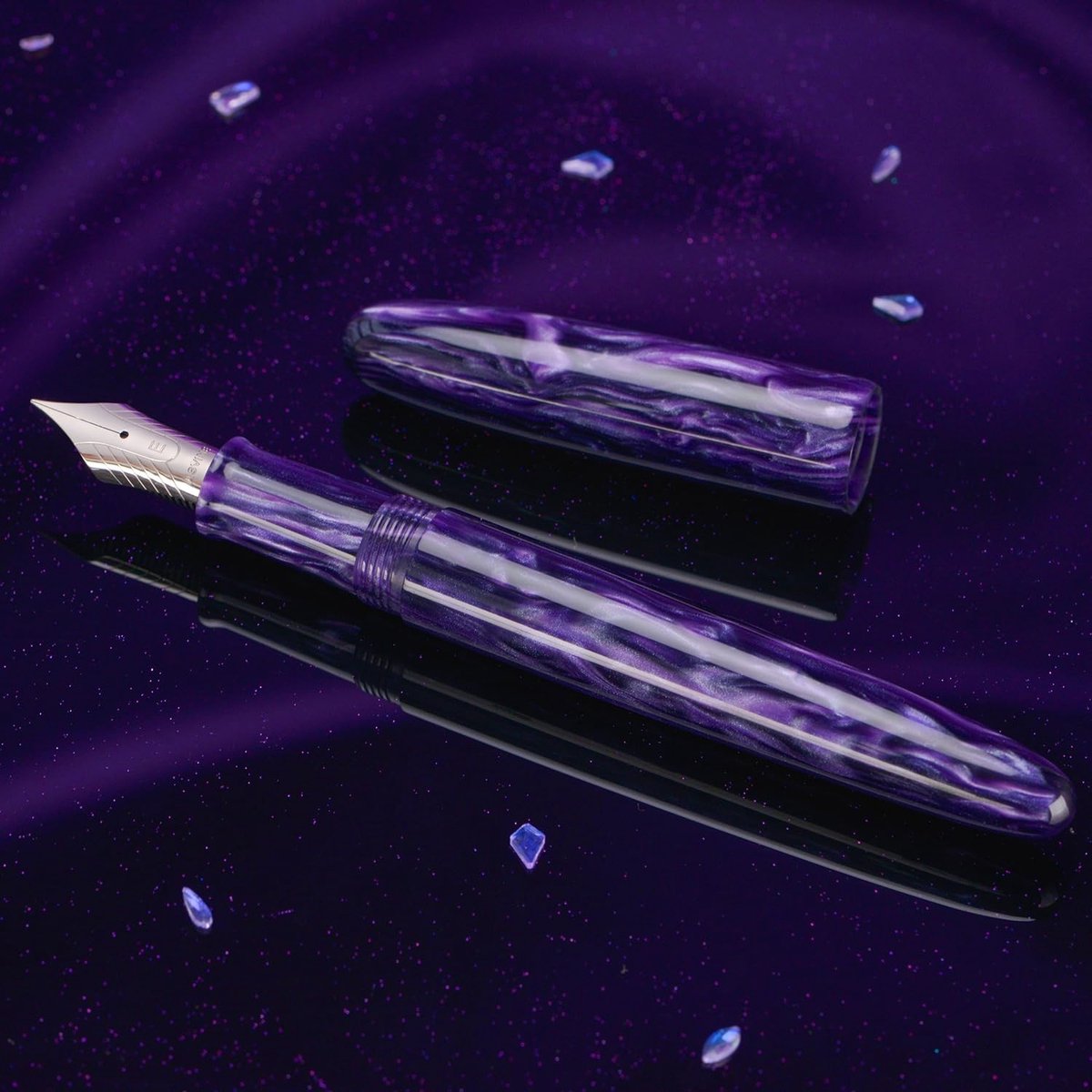 Dailygoods - Asvine C80 Vulpen met medium (M) #8 penpunt, grote handwerkpen met inkt-converter en pennendoosje, verzamel-set, paars (Purple Ripple)