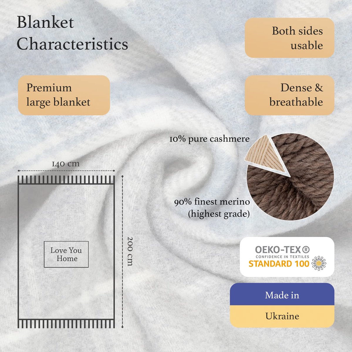 Kasjmier Deken met Merino Wollen - Blanket Wol voor op de Bank Sofa & Bed, Plaid Cashmere en Merinowol, Plaids Grote Zachte, Warme Natuur Dekens (140 x 200 cm, Grijs - Zacht Blauw - Wit Tartan)