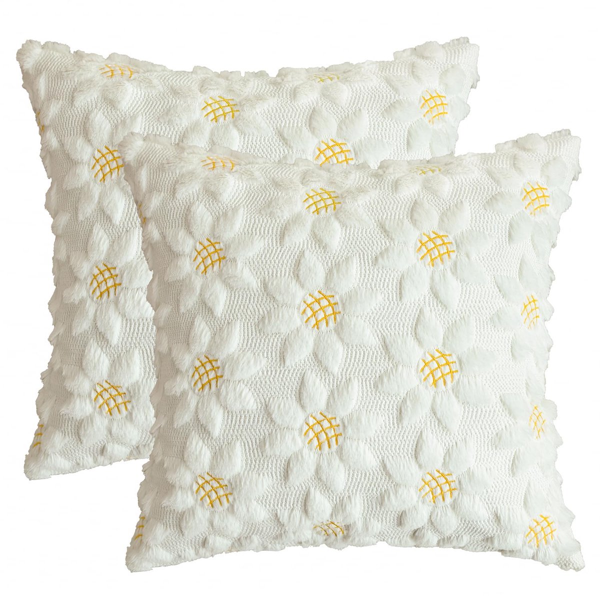Mode Set van 2 kussenslopen, crèmewit, zonnebloemen, zacht kunstbont, jacquard, 50 x 50 cm, lente, pluche, fluweel, bankkussen, sierkussensloop, decoratie