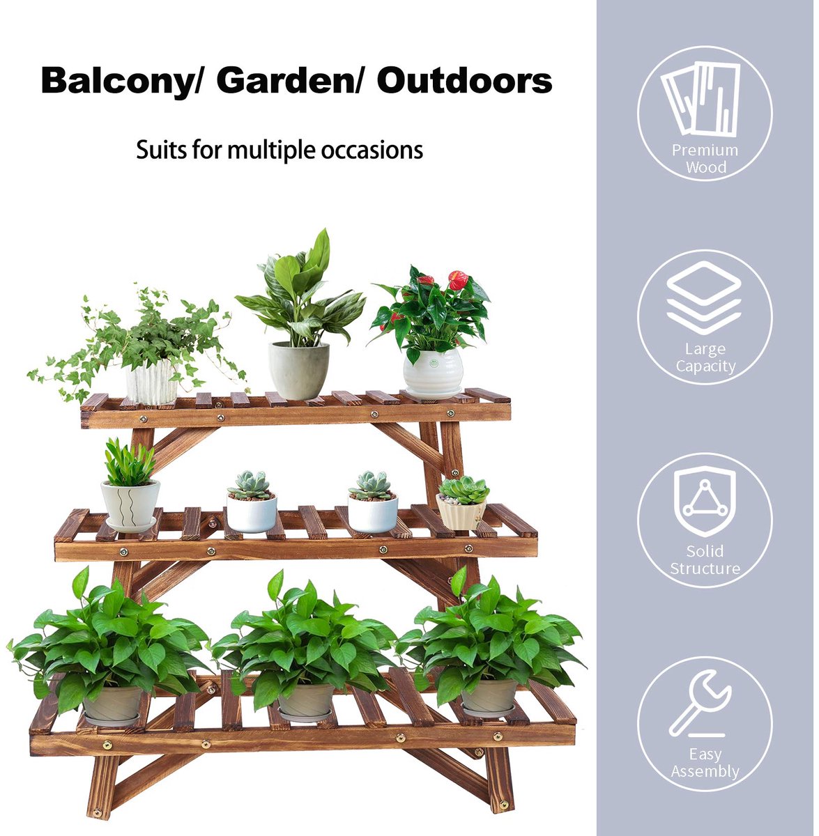 unho Houten plantenladderbank, 3 gelaagde plantenstandaard, stap plantenbak voor binnen en buiten, plantenpot, standaard, hoekplantenplanken, bloempothouder voor terras, tuin, balkon, tuin, tuin,