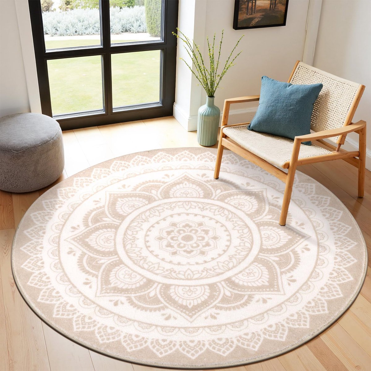 Vloerkleed, rond, 200 cm, rond tapijt, wasbaar, antislip, boho-tapijt, woonkamer, rond, wollig, zacht, laagpolig, ronde tapijten voor slaapkamer, woonkamer, beige
