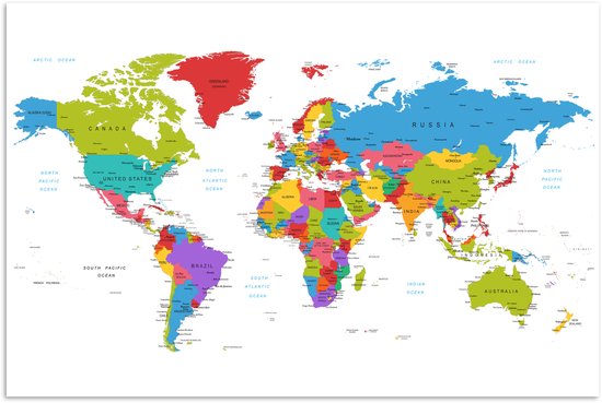 Carte du monde détaillée et colorée montrant clairement tous les continents, pays et océans.