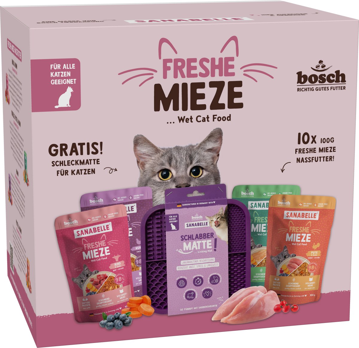 Sanabelle Freshe Mieze Aktionsbox Nassfutter+Schleckmatte | 12x100g + Schleckmatte