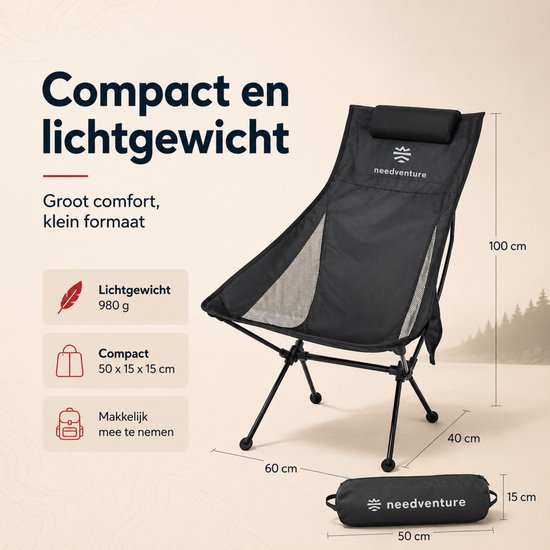 needventure® Campingstoel - Visstoel - Vouwstoel - Opvouwbaar - Inklapbaar - Lichtgewicht - Hoge Neksteun - Zwart — afbeelding 2