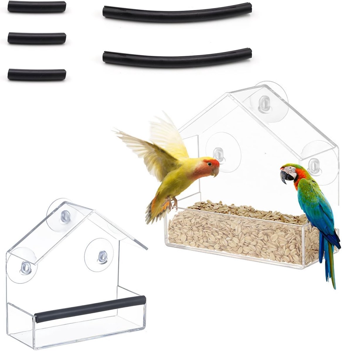 2 stuks vogelvoederhuisje voor ramen, zuignappen, vogelhuis, raam, vogelhuis, doorzichtig, venstervorm, met plakstrip, 15 x 15 x 6 cm, vogelvoederstation voor vogeleten